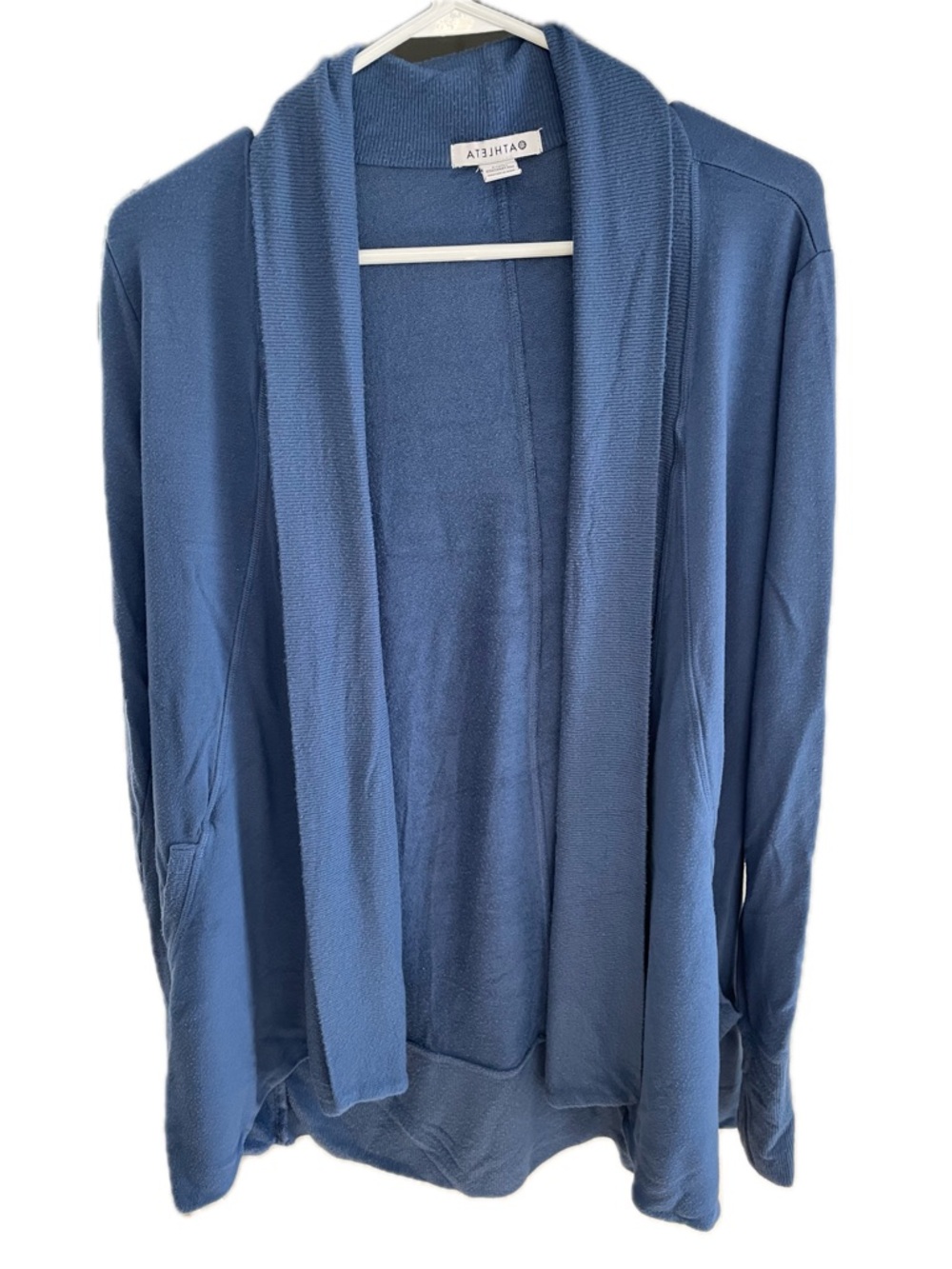 Athleta Medium Pranayama Restore Ribbed Wrap Blue Cardigan Pockets Thumb holes